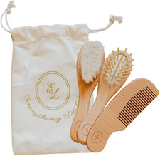 Wooden Baby Brush Set - 3 Pack Massage Brush, Soft Goat Hair Cradle Cap Brush