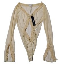 Fashion Nova Sunset Dreams Bodysuit Womens L Beige Mesh Sheer Ruffle NWT