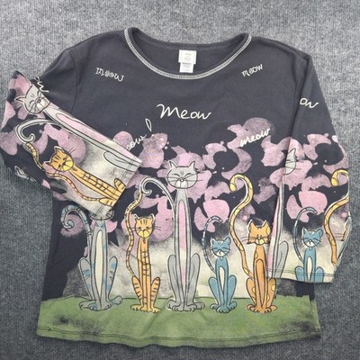 Vintage Y2K Jess & Jane Meow Meow Cat Graphic Long Sleeve Top Large USA