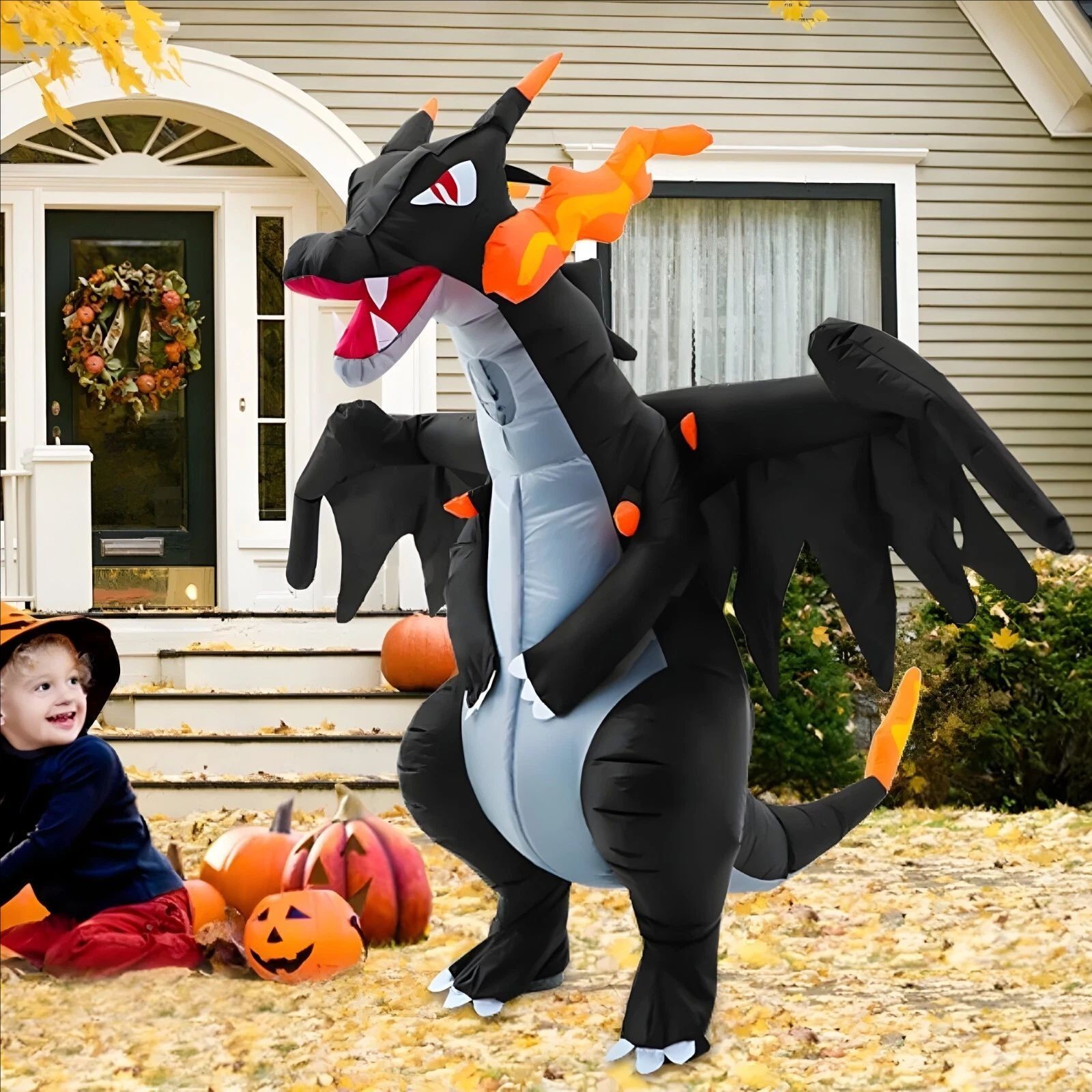 Inflatable Fire Breathing Dragon Costume Halloween Blow Up Flame Dinosaur Outfit