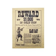 Black Bart Reward Poster Parchment Paper Wall Art Western Man Cave Bar Pub Decor