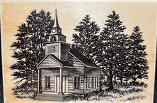 Stampscapes COUNTRY CHURCH CHAPEL Rubber Stamp PINE TREES NATURE SCENERY 215-G
