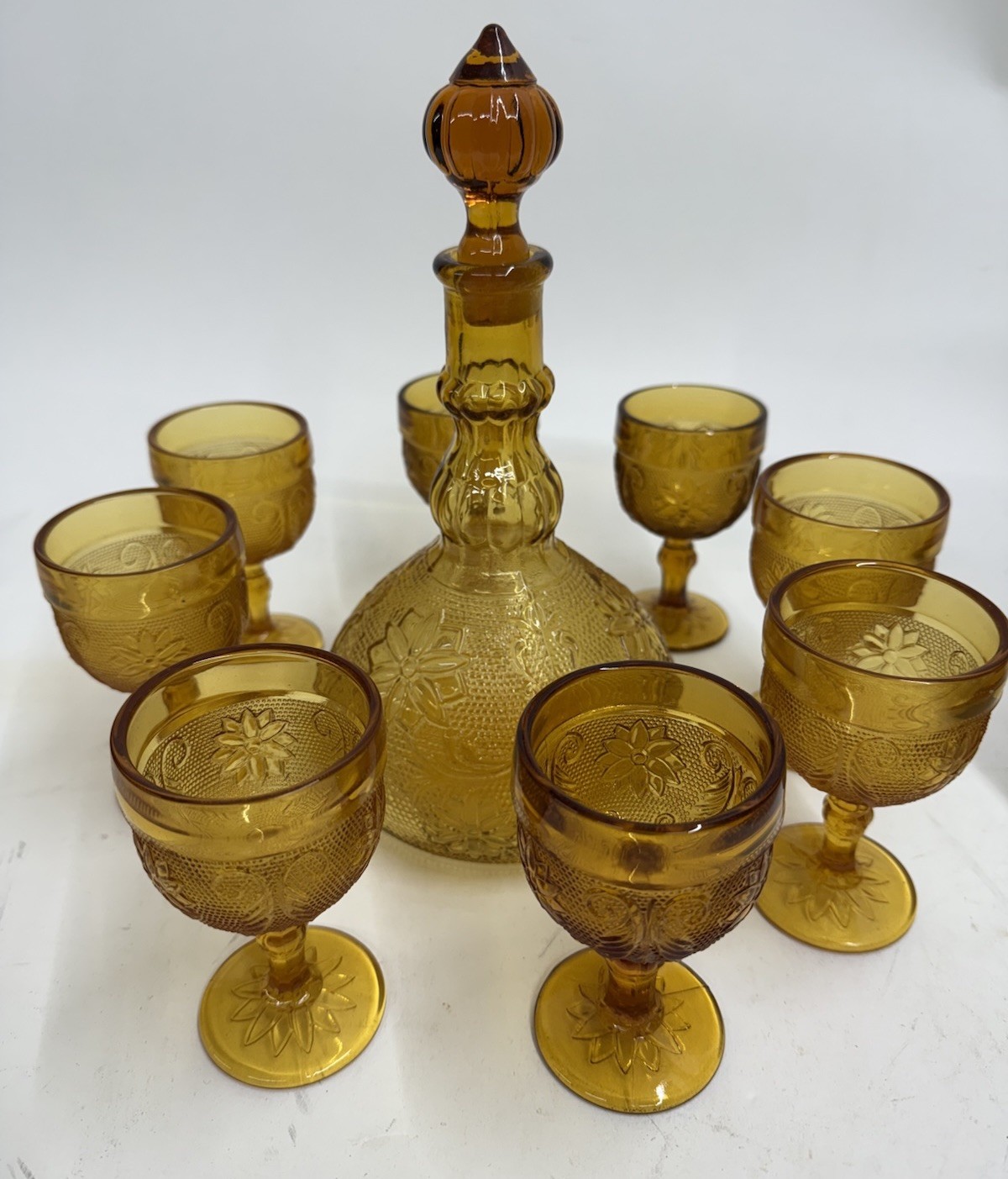Vintage Tiara Amber Sandwich Indiana Glass Decanter Set W/8 Goblet Glasses