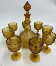 Vintage Tiara Amber Sandwich Indiana Glass Decanter Set W/8 Goblet Glasses