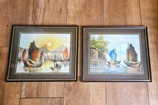 2 Fred Oil Painting Thai River Scene Sunset Vintage