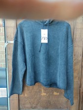 Mens Zara Charcoal Faded Washed Hoodie Sweatshirt Cropped Raw Edge Hem UK Medium