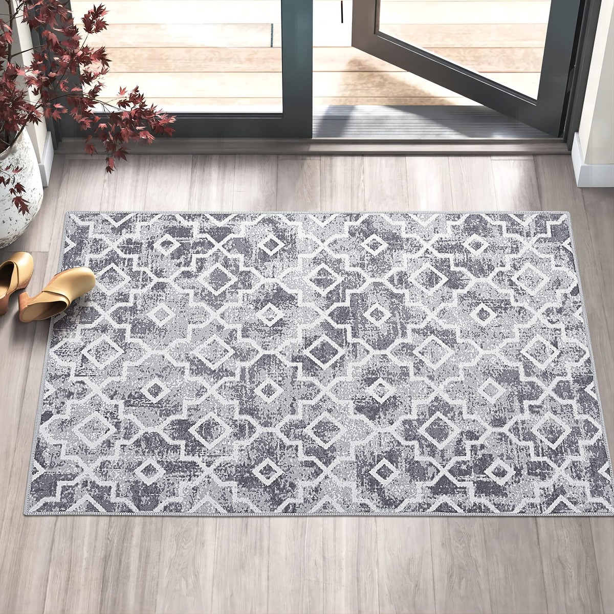 32x48 inch Moroccan Indoor Door Mat Grey Washable Absorbent Non