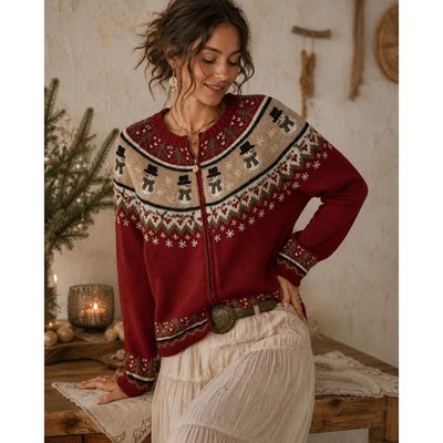 Croft & Barrow Womens Red Snowman Fair Isle Zip Up Cardigan Sweater Small