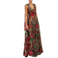 NWT Dolce & Gabbana Rose Leopard Print Silk Chiffon Gown Dress 44 L