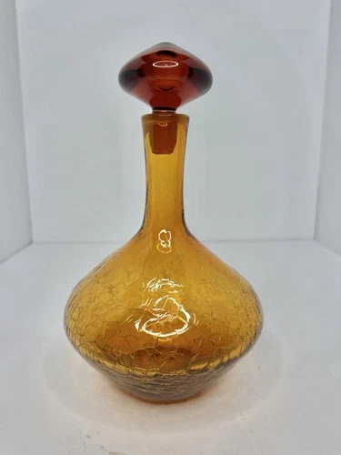Vintage MCM Blenko Glass 6630s Decanter In Honey Crackle 9” W/stopper