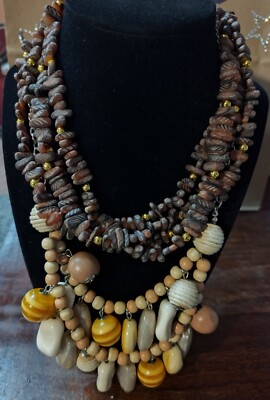 2 Different Unique And Rare Necklaces, Beads, Wood, Browns, Silver, Gold