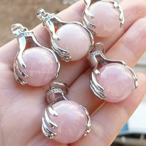 Natural Gemstone Hands Palm Ball Round Reiki Chakra Pendant Beads Charm Amulet