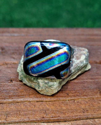 Dichroic Artisan glass sterling wire wrapped ring size 7