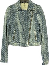 Free People Denim Jacket Jean Size 2 Western Trucker Textured Unique Moto
