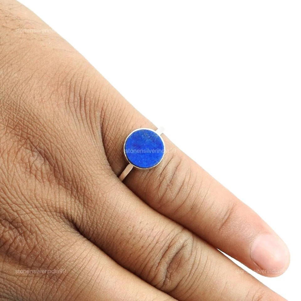 Round Lapis Lazuli Gemstone 925 Solid Silver Bezel Statement Throat Chakra Ring - Image 4 of 4