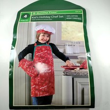Kid's Holiday Chef Set Baking Apron Oven Mitts Chef Baking Hat For Play Only