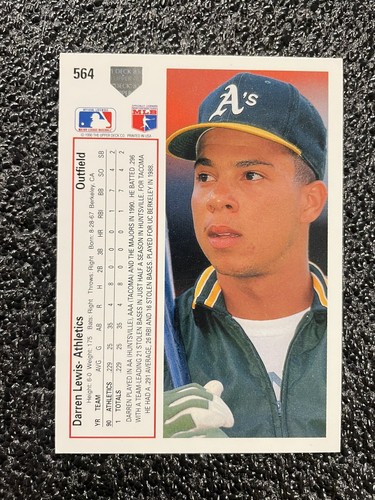 Darren Lewis - 1991 Upper Deck #564 - Oakland Athletics Baseball Card - Picture 2 of 2