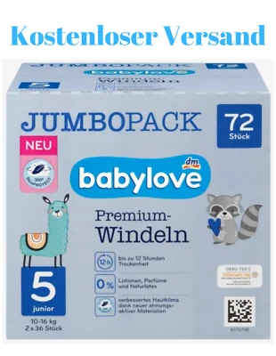 Babylove Windeln Premium Gr.5, Junior, 10-16 kg, Jumbo Pack, 72 Stück Pants 2x36