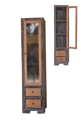 Natural and Black Bi Teak Wood Display Case with Drawers and Doors