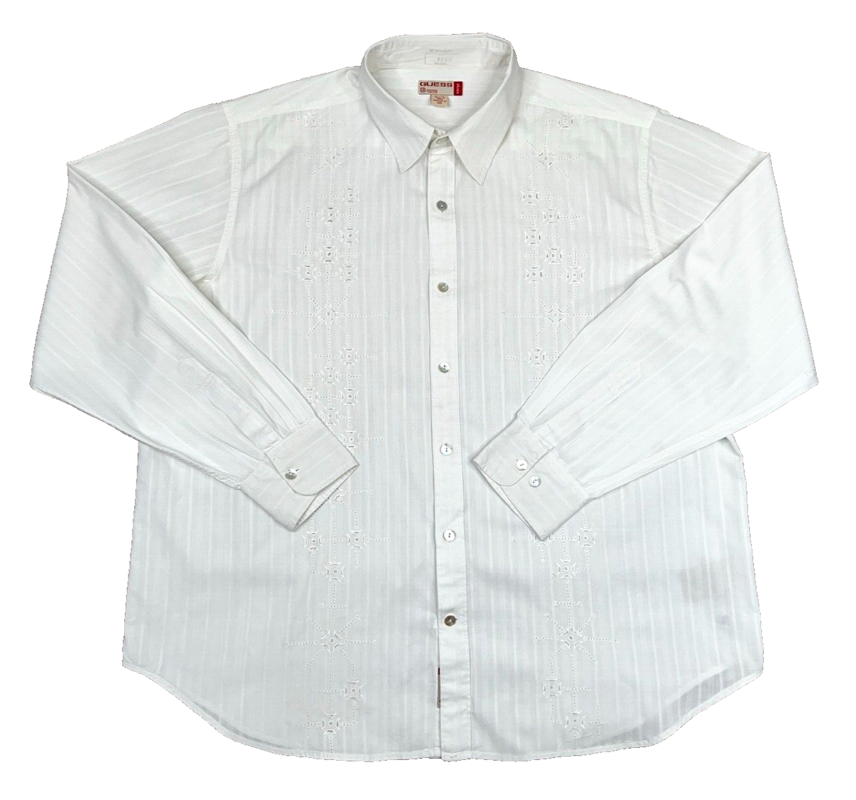 Guess Men's White Long Sleeve Button Up Embroidered Dress Shirt Size X Large