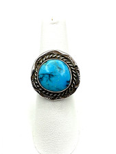 Vintage Sterling Silver Turquoise Ring SZ 8 Round Stamp Work Native American
