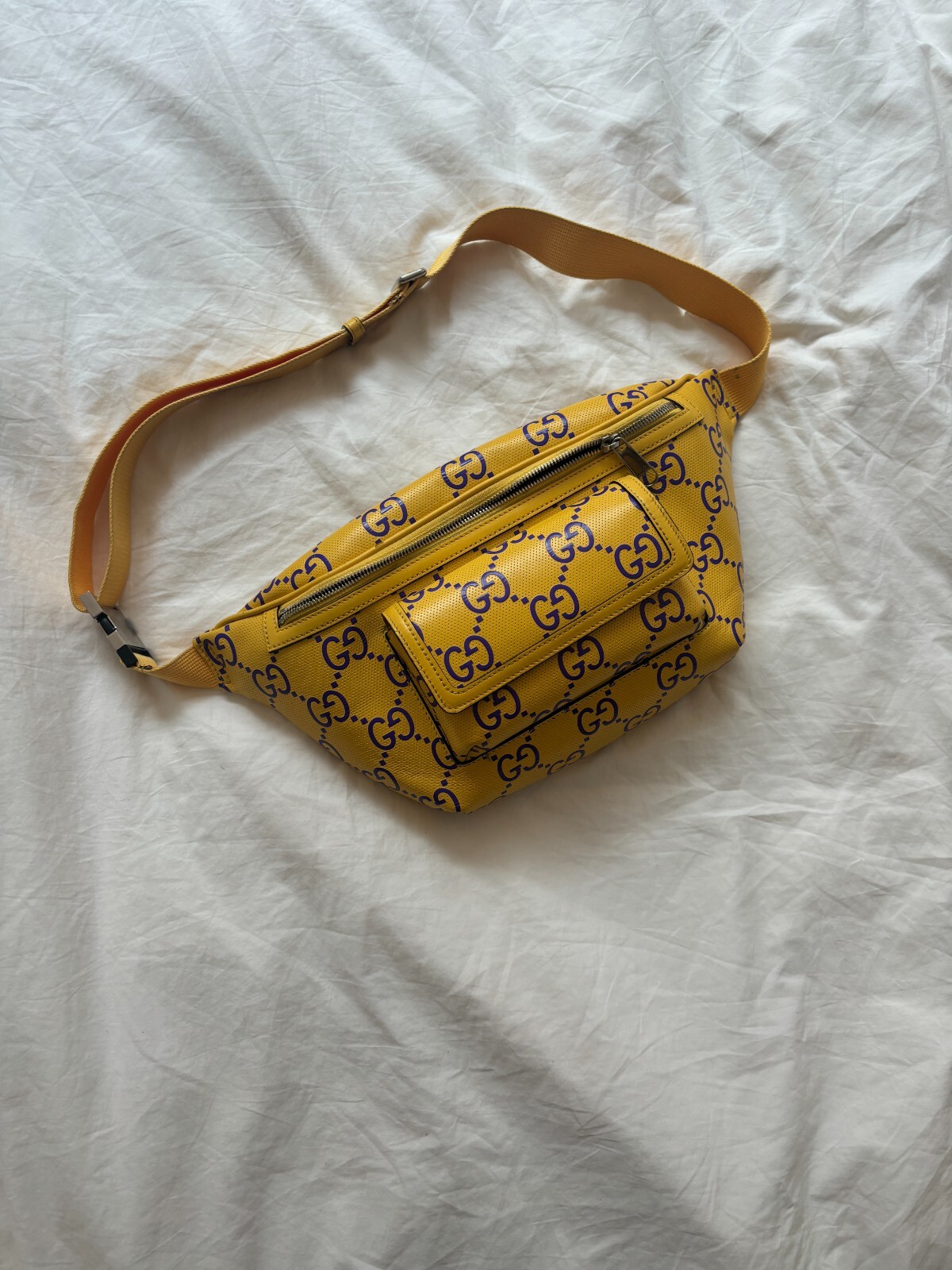 GUCCI CROSSBODY GENTLY USED 16" W 9" L YELLOW + PURPLE ALLOVER PATTERN