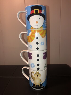 Maxwell Williams Kris Kringle Snowman Set of 4 Stackable Mugs