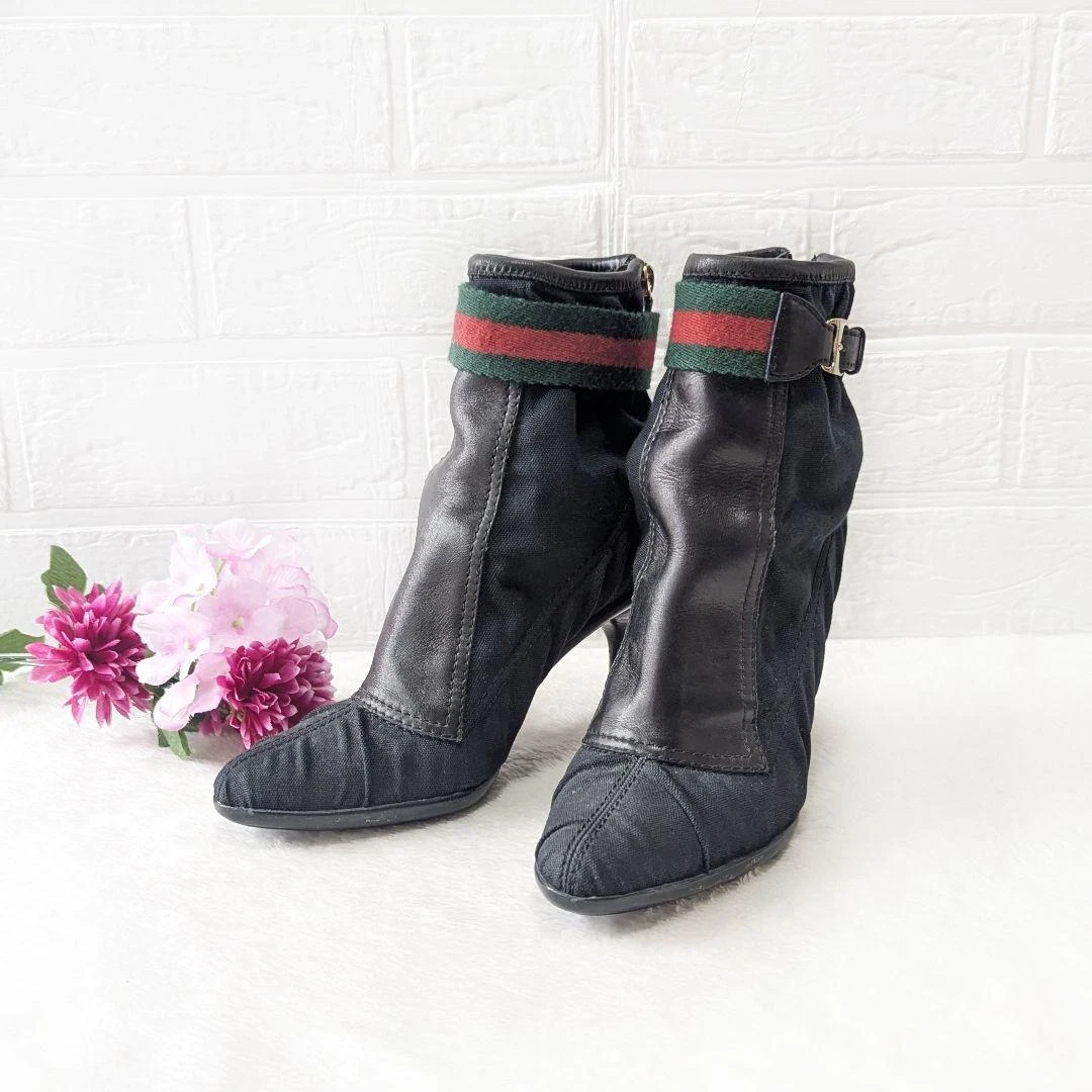 Bottes courtes ceinture Web GUCCI pointure 36 noir fermeture éclair dos bout pointu talon haut