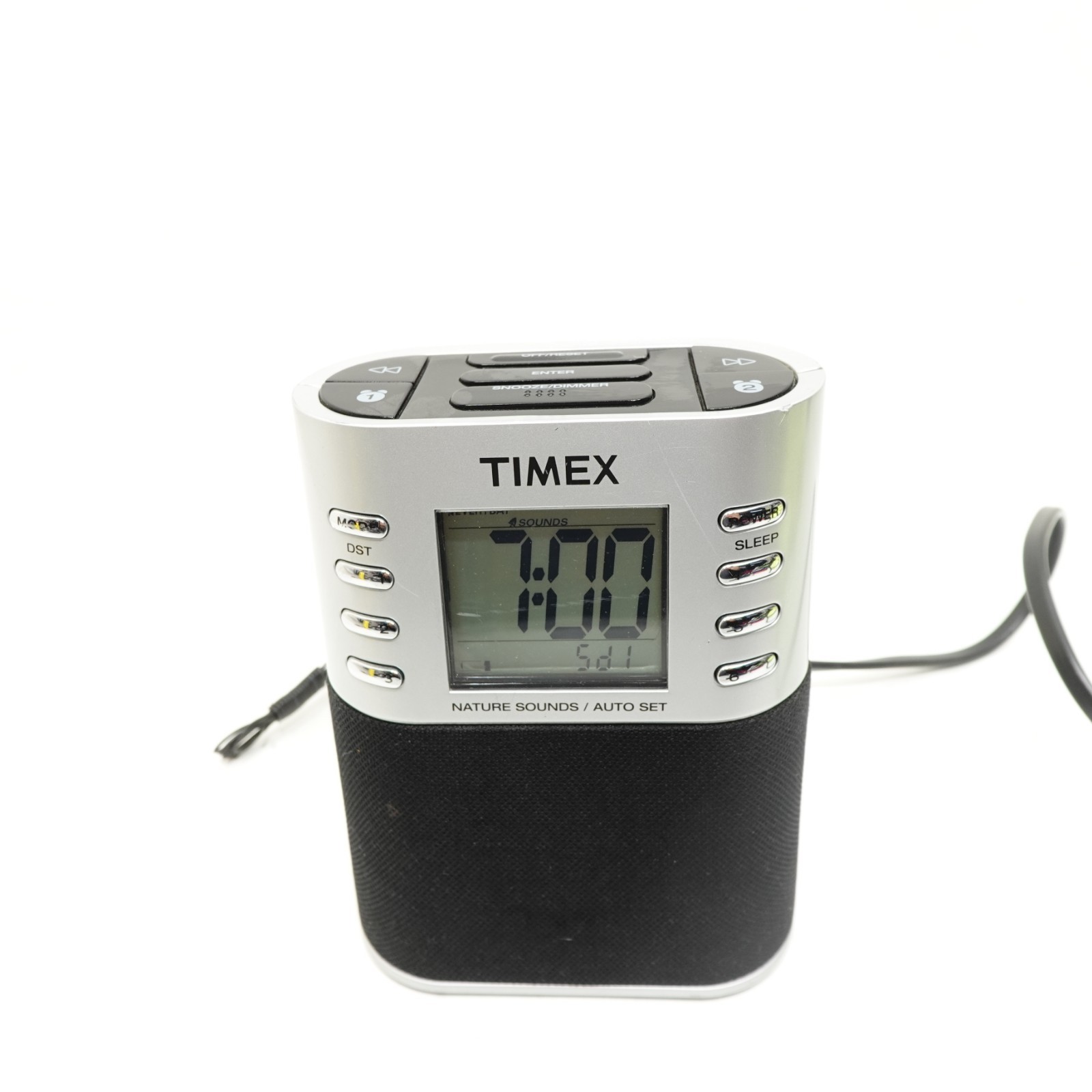 Timex T 307 S Dual Alarm Clock Radio Nature Sounds Auto Set MP 3 Line In Silver featured image