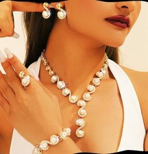 Bling  Faux Pearls Fashion Jewelry Set/ Necklace, Bracelet, Earrings  Ring Set