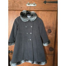 ROTHSCHILD Girls Grey Wool Blend Faux Fur Trim Double Breasted Dress Coat Size 5