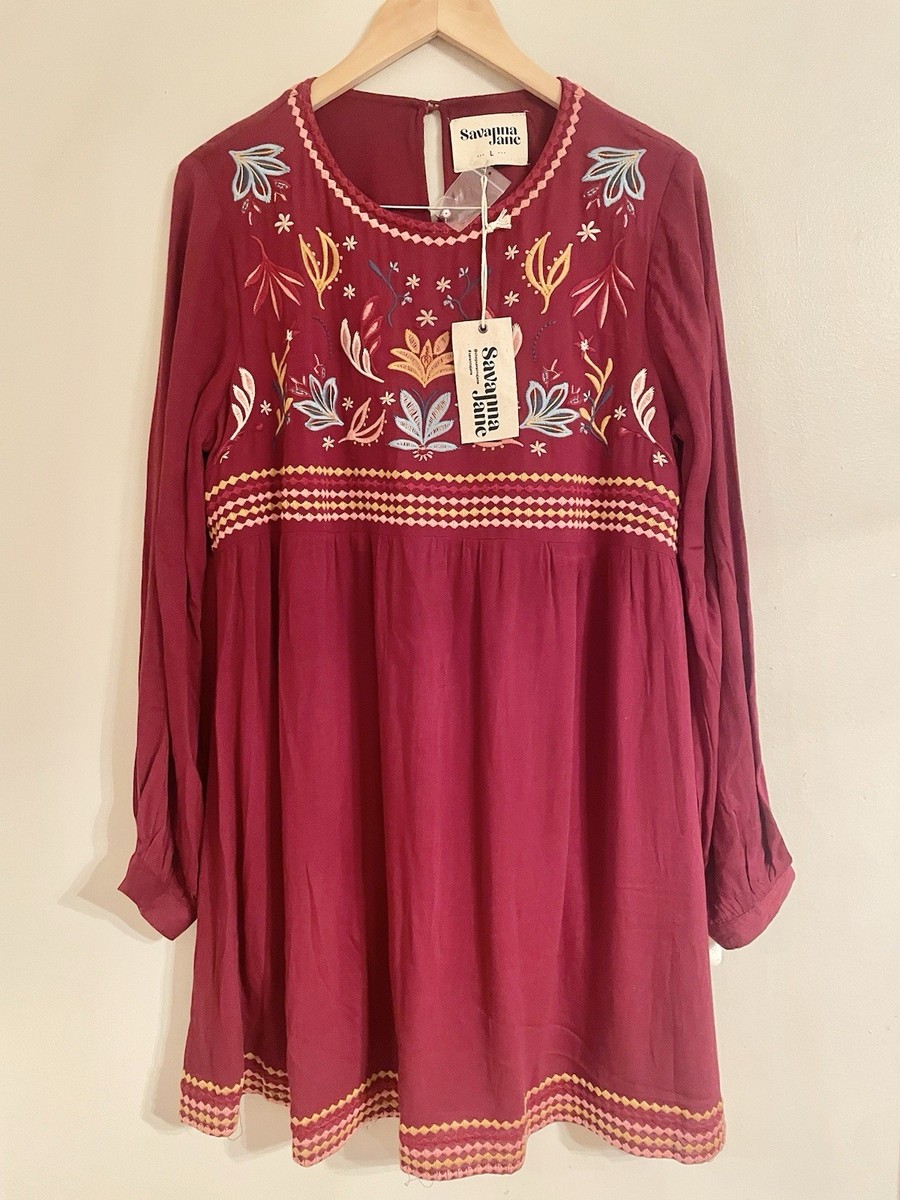NWT- Savannah Jane Dress Size Large Burgundy Embroidered Floral Boho Hippie