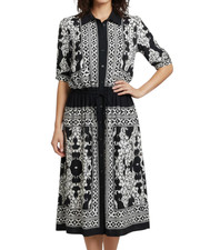 LESLIE FAY Black & White MIDI DRESS w/DRAWSTRING WAIST Regal Print Soft Knit 18