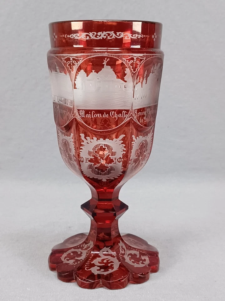 Mid 19th Century German & French Engraved Scenes Ruby Stained Cut Glass Goblet - Image 2 of 4