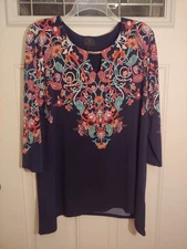 Women's JM Collection Navy Floral 3/4 Sleeve Lg Tunic Gold Studs Keyhole neck  