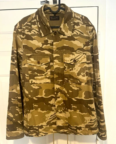 Belstaff Men’s Camouflage Cotton Twill Overshirt Jacket Button Front L Brown video thumbnail