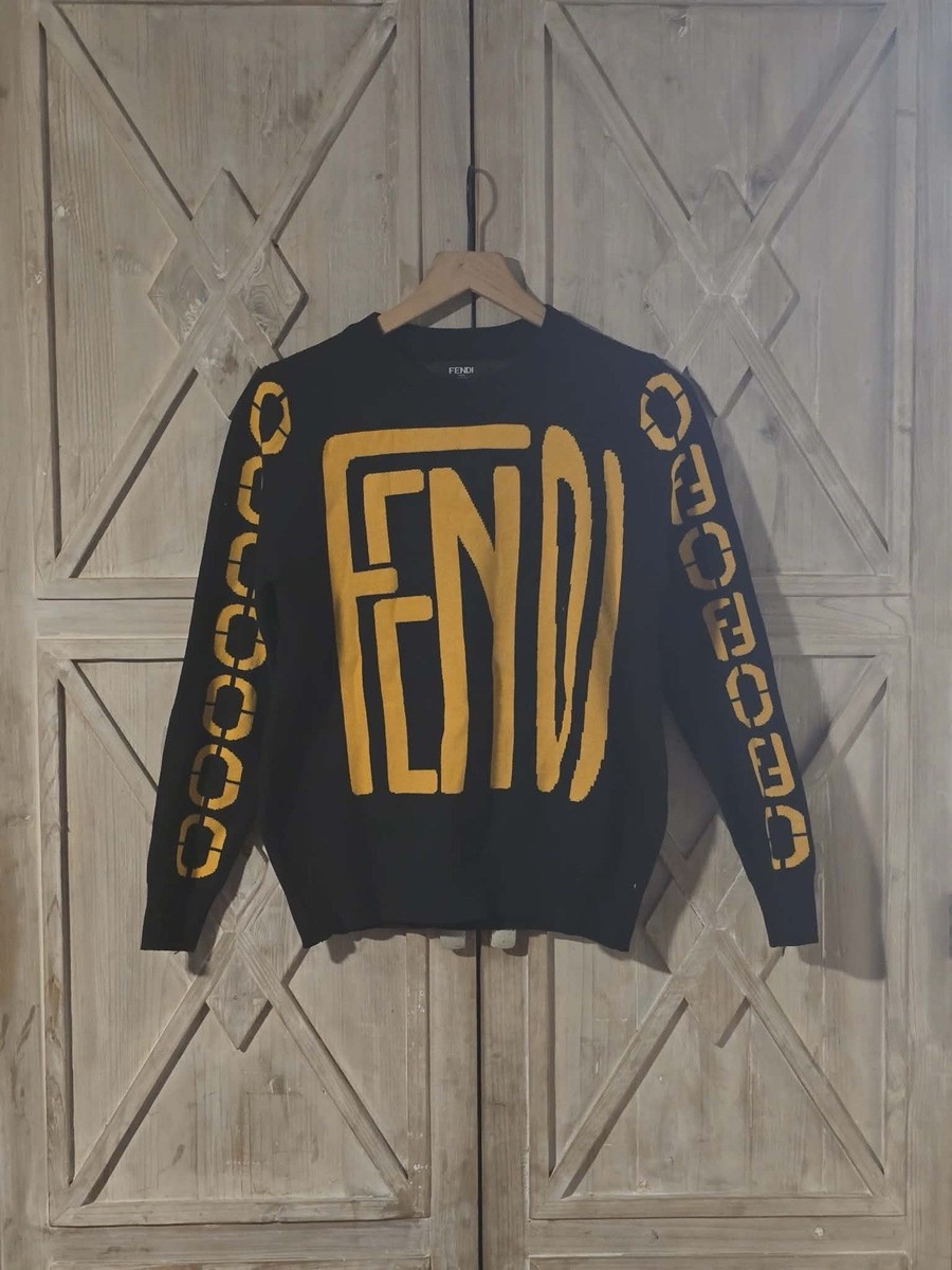 Fendi Black & Yellow Logo Intarsia Knit Wool Sweater Size M | eBay
