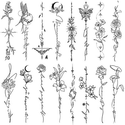Temporary Tattoos for Women Girls-45 Pcs Line Flower Words Sketch Realistic Long