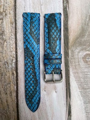 Size 22mm/18mm, Leather/Skin Snake Watch Strap Band Blue, Custom Strap.