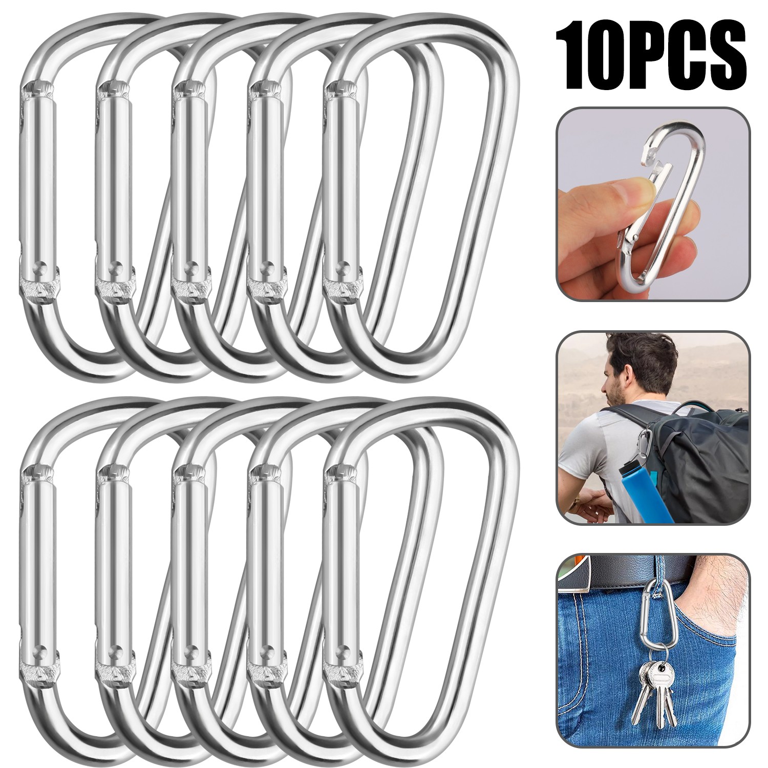 10 PCS Stainless Steel Carabiners Spring Snap Hooks Heavy Duty Keychain Clip NEW