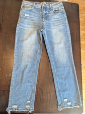 Lovervet Vervet Straight Women's Blue Denim Jeans Distressed Raw Hem Stretch