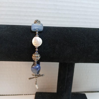 Artisan Silver Tone Blue Kyanite, Pearl & Sodalite Bracelet, Natural Gemstone