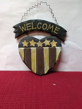 Wooden Hand Painted Hanging Sign Welcome Heart Rustic Country Patriotic