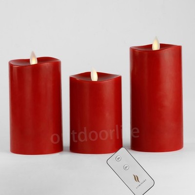Luminara Flameless Moving Wick Candles with Remote Wax Pillar Set of 3 Burgundy