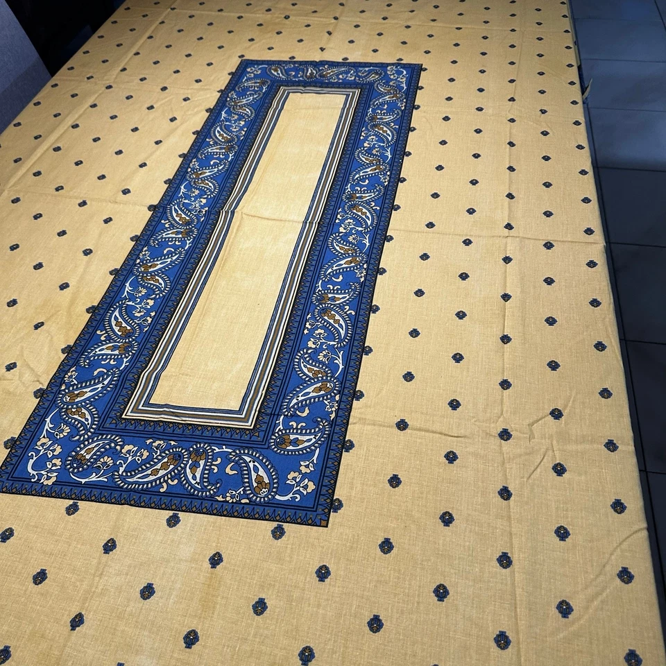 Vintage JCPenney Tablecloth Yellow Blue Block Print Rectangle French Country - Image 2 of 4