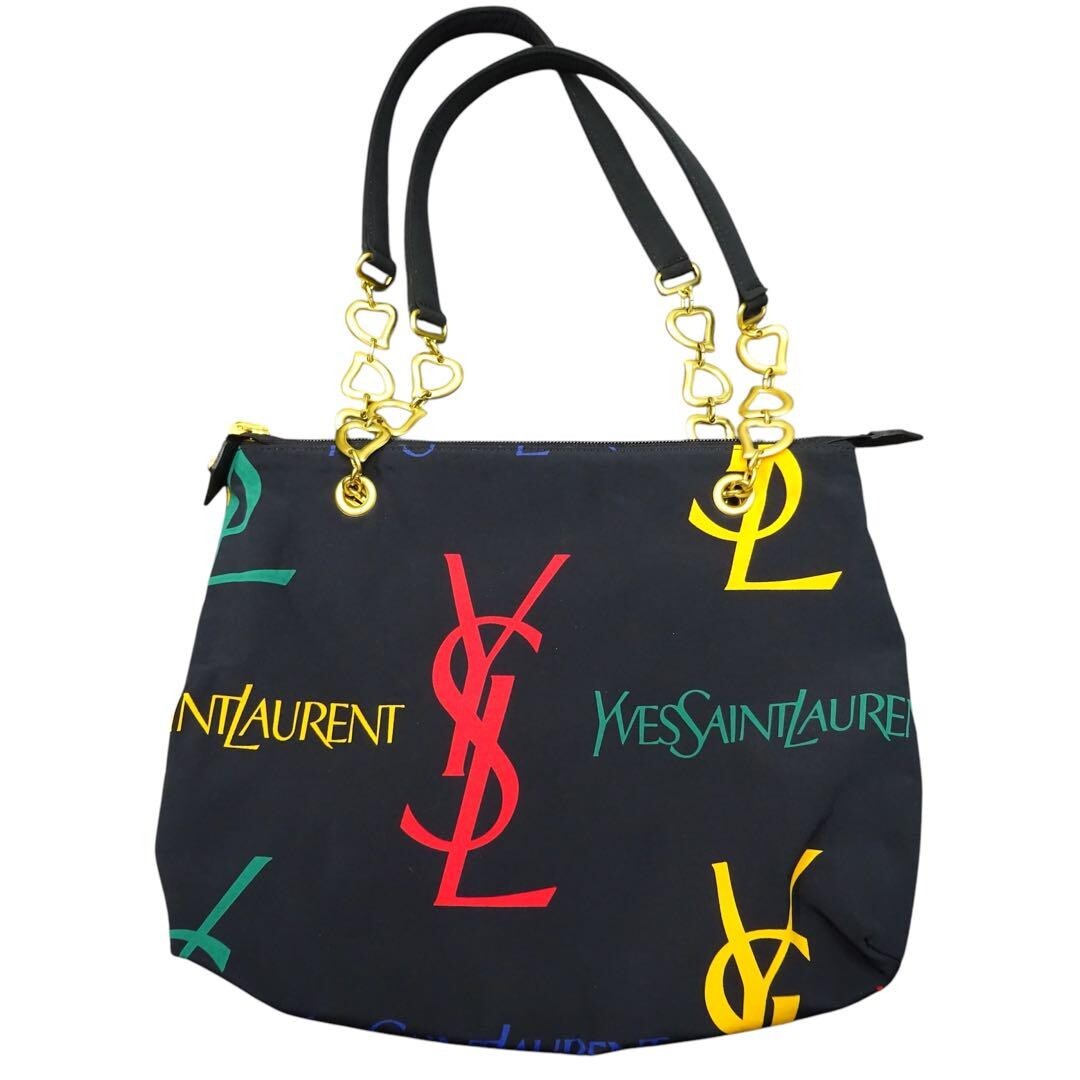 Borsa a tracolla Yves Saint Laurent Ysl logo stampa catena cuore nera usata nylon