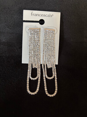 NWT Silver Rhinestone Tassle Looped Pierced Earrings Orig. $24.95 Very Light wt.