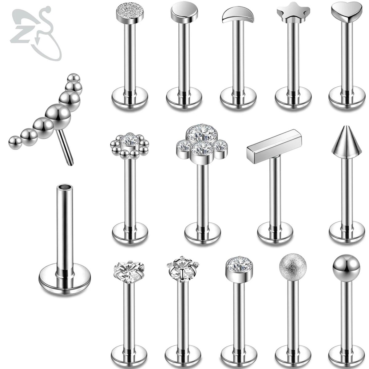 Mix Color Crystal Stainless Steel Lip Labret Piercing Push-in Ear