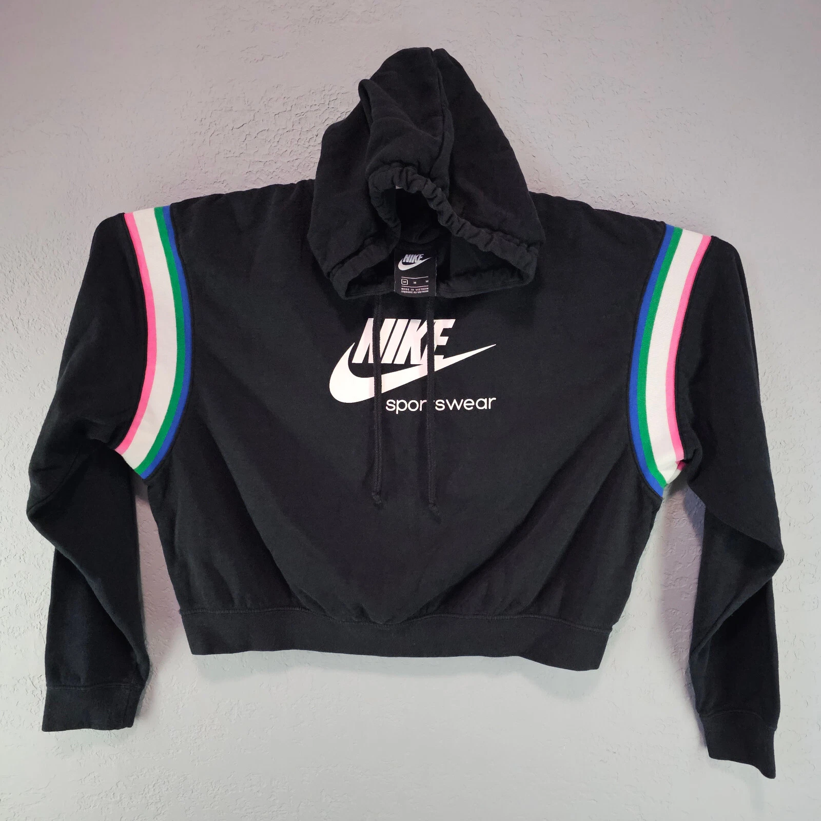 NIKE Hoodie Heritage Cropped Med. Womens Black Pullover Sleeve Rainbow Stripes