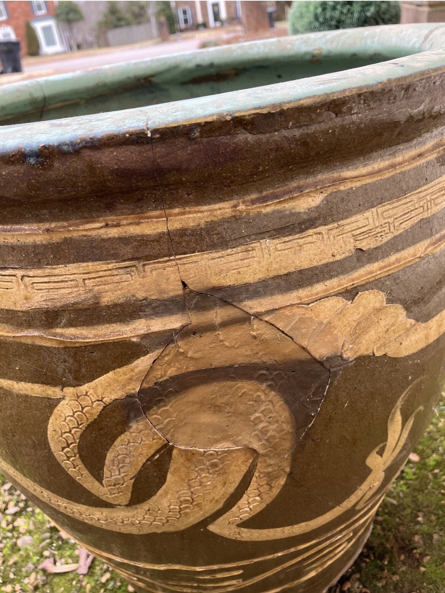 Antique Large Chinese Egg Pot Dragon Jardiniere Planter 17”x 17
